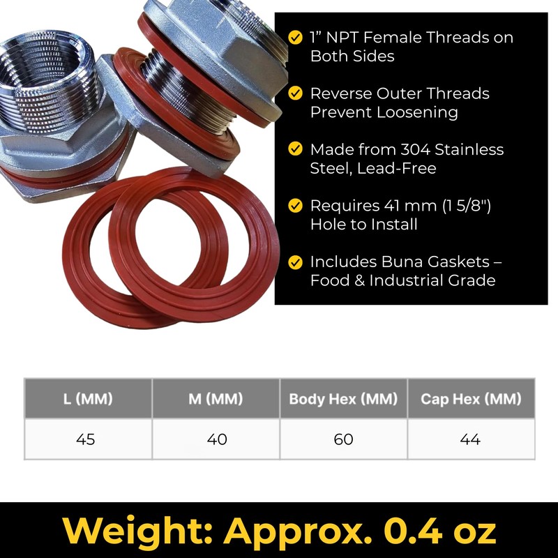 1" NPT SS304 Heavy Duty EZ Seal Weldless Bulkhead w/BUNA-N