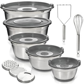 WHYSKO Stainless Steel Mixing Bowls with Lids Set - 5 Rustproof Metal Nesting Mixing Bowls for Kitchen, Meal Prep, Baking, Cooking, Storage - Includes 3 Grater Attachments, Dishwasher Safe