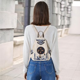 DIRRONA Women Backpack Fashion Embroidery Daypack Multifunctional Chest Pack Casual Crossbody Bag Canvas Travel Work Shopping Dating Retro Backpacks Handbag White B