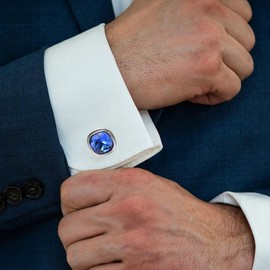 Jonwo Blue Zircon Gemstone Cufflinks for Men Lady In Gift Case Silver/Golden Square Men's Cufflinks Jewelry Set for Wedding Anniversary Business Party Events Tuxedo Dress Shirt (Silver)