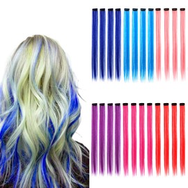 24 PCS Colored Hair Extensions, Long Straight Clip in Hair Extensions, 22 Inch Rainbow Multicolor Hairpieces Synthetic Hair Party Highlights Hair Accessories for Girls Kids Women Gift(6 Colors)