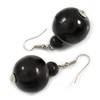 Black Wood Bead Drop Earrings - 50mm Long