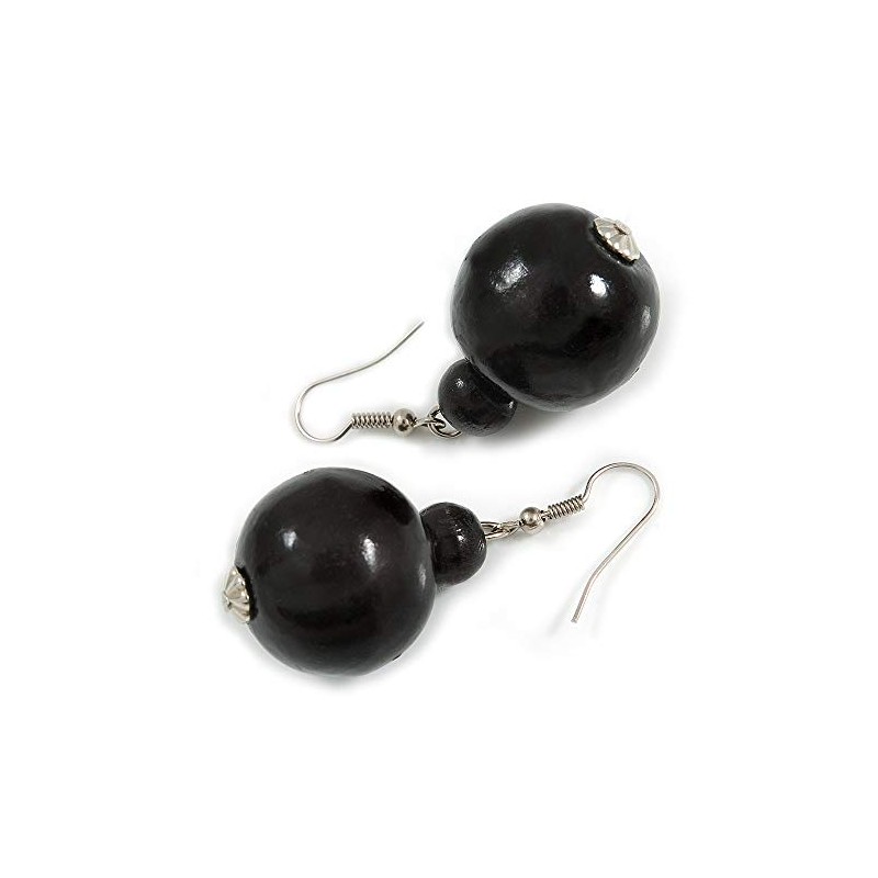 Black Wood Bead Drop Earrings - 50mm Long