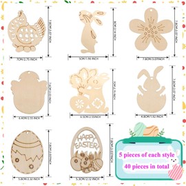 40Pcs Easter Crafts for Kids, Easter Crafts, Easter Crafts for Adults, Unfinished Hanging Embellishments Easter Wooden Eggs, Blank Wood Slices Hanging Pendant with Hole, DIY Craft for Party Home Decor