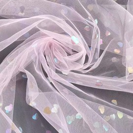 1 Yard Shiny Tulle Fabric with Colourful Heart Sequins, 150 cm Wide, Decorative Fabric Heart Sequins, Tulle Roll, for Sewing, Crafts, Decorating, DIY Crafts, Curtains, Stage Costume, Dress, Clothing,