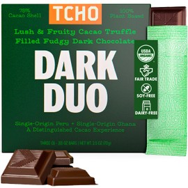 TCHO Dark Duo Dark Chocolate Bars (1 pack) | Single Origin, Plant Based, Organic & Fair Trade | Non GMO, Non-Dairy, Vegan, Soy Free - Fudgy Dark Chocolate w/Fruity Cacao Truffle Filling (2.5oz each)
