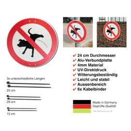 AllesKlaro® - Prohibition Sign - No Dogs Pee - 24 cm Round - 4 mm Aluminium Composite Plate - Includes 6 Cable Ties - Quick & Easy Assembly (Red, Cable Tie Holder)