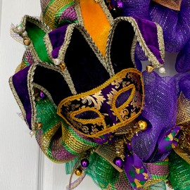 Mardi Gras Wreath Venetian Jesters Mask Handmade Deco Mesh 24inch and 28 inch diameter