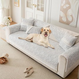 HANDONTIME Floral Chenille Couch Cover for Pets – Plush Fringed Edges, Washable & Non-Slip Sofa Protector, Pet-Friendly Dog Bed Cover for Couches and Sectionals (Light Grey,35.4" x 70.9")