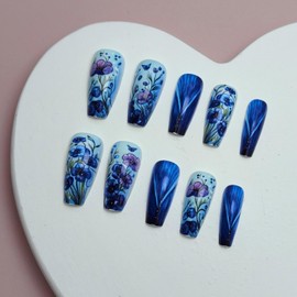 MIXFOSAHN Flower Press on Nails Medium Coffin Fake Nails Blue Purple False Nails with Elegant Tulip Designs Glossy Stick on Nails Glue on Nails Flower Nails Acrylic Nails for Women Girls 24 Pcs