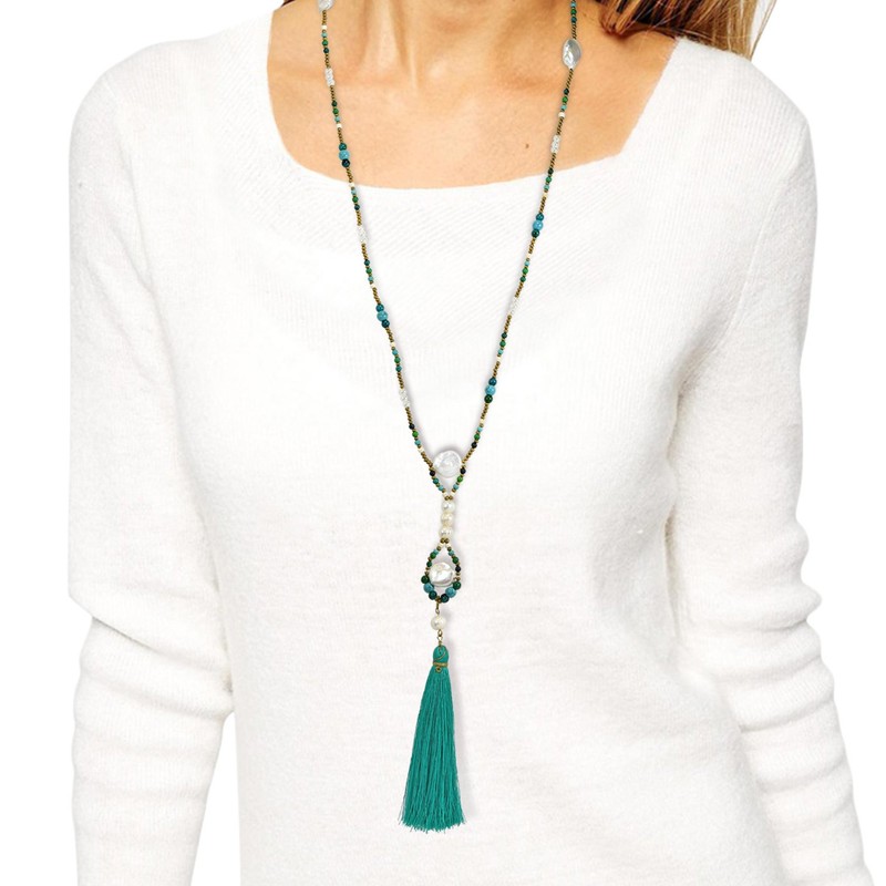 Beach Chic Green Tassel with Cultured Freshwater Pearl & Simulated