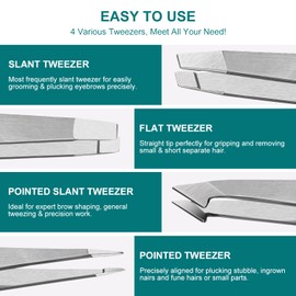Upmore 4x Pinzette Set Edelstahl - Silbrig Augenbrauenpinzette Set Schere Pinzette, gerade schräge spitze Zupfpinzette Splitterpinzette Spitzpinzette für Frauen und Männer