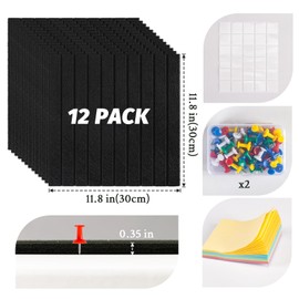 Large Cork Board Alternative, 12 Pack Felt Board with Safe Removable Adhesive Tabs Felt Wall Tiles, Large Cork Boards for Walls, Cork Board for Home Office, Pin Boards for Walls, Stripe Black