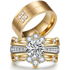 ringheart Couple Rings Matching Ring 1.5ct CZ Women Wedding Ring Sets for Him and Her His Her Rings, Metal crystal rhinestone stone, Cubic Zirconia