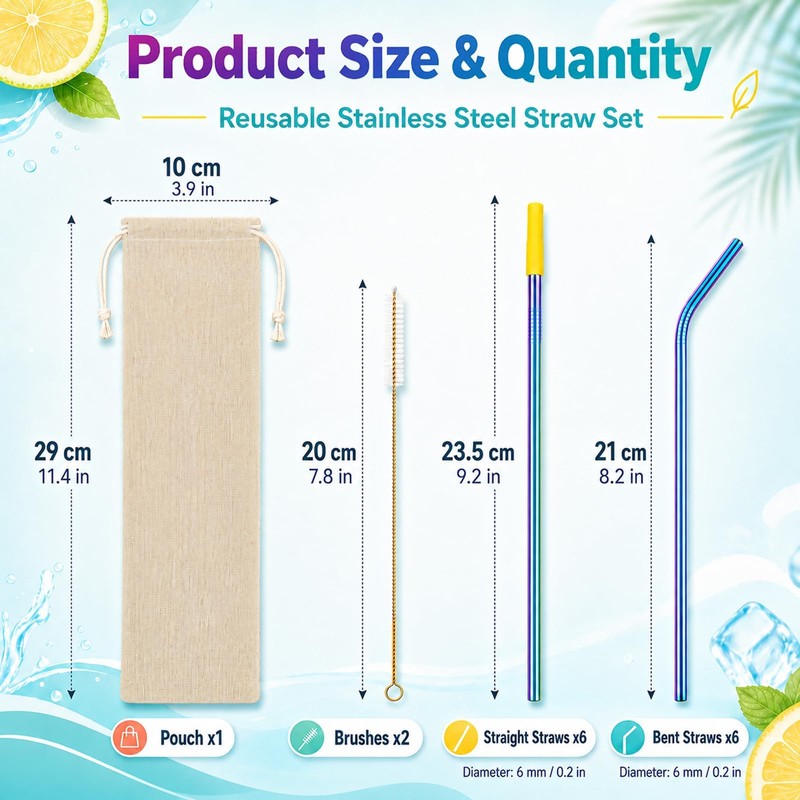 Wosyoodo 12 Pcs Metal Straws, Reusable Stainless Steel Straw Set