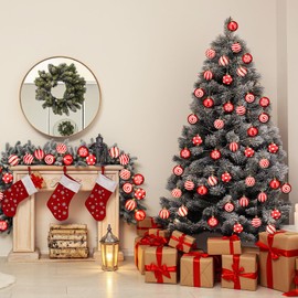 24 Pcs Christmas Ball Ornaments 2.36 Inches Red and White Christmas Tree Decoration Ornaments Glitter Plastic Stripe Dot Snowflake Hanging Ball Christmas Decorations for Home Indoor Outdoor