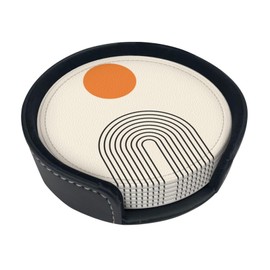 Abstract Boho Simple Minimalist Modern Coasters for Drinks Round Leather Coaster with Holder Set of 6 for Tabletop Protection Desk Accessories Office Home Room Decor