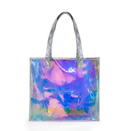 FuninCrea Laser Women Shoulder Bag Holographic Handbags for Women, Extra Large Tote Bag Transparent Beach Bag Waterproof PVC Ladies Handbags Toiletry Bag for Work Travel Shopping (Colorful, M)