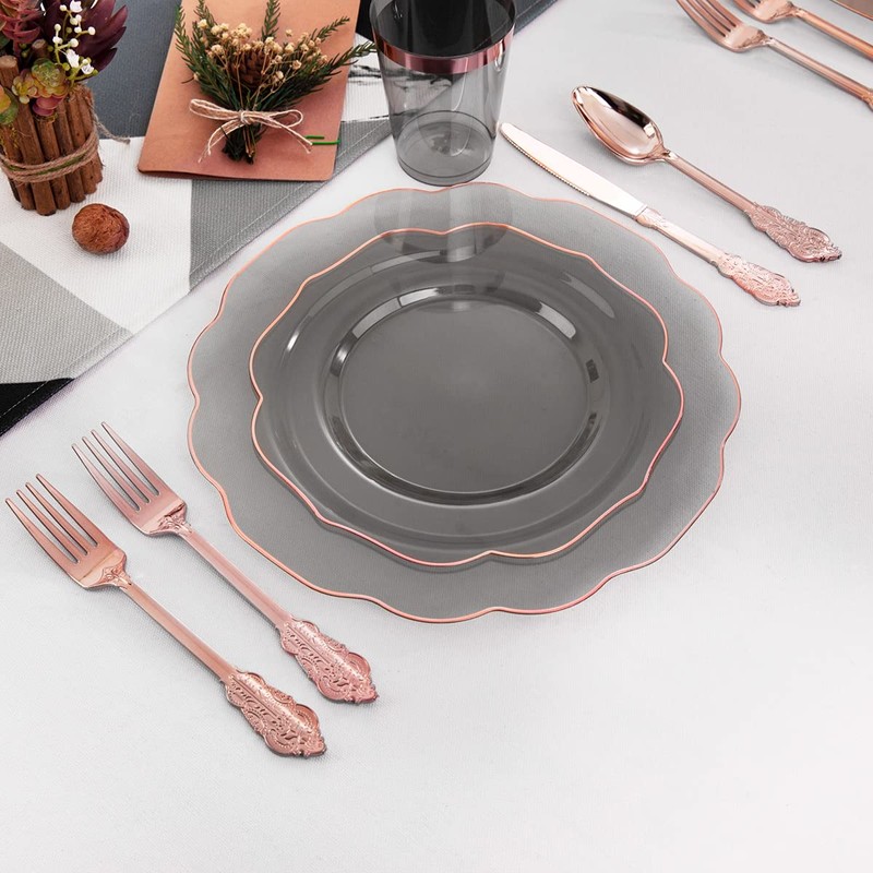 BUCLA 180pcs Clear and Gold Plastic Plates with Disposable Silverware