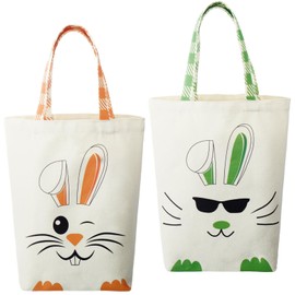 Weewooday 2 Pcs Easter Tote Bags for Kids Easter Canvas Gift Bags Bunny Ears Basket Bags for Boy Girl(Green, Orange)