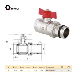 zencQ Ball Valves with Red Handle for Distributor 1 Inch, Self-Sealing - Lever Handle, Ball Valve, Shut-off Valve for Industrial, Commercial and Household, with Internal Thread and External Thread