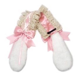 RUIXIA Lolita Headdress Sweet Bow Lace Faux Fur Bunny Ears Hairpin Headband for Women Costume Maid Cosplay Party Accessories