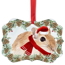 Golden Gerbil Christmas Ornament 2024 Benelux Aluminum Holiday Decoration with Pinecone Red Scarf Santa Hat Winter Home Decor Gifts for Gerbil Lovers