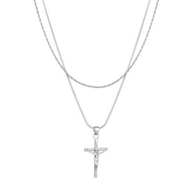 Kuzzoi 0111661723 Men's Necklace 925 Silver with Cross Pendant (28 mm) Crucifix Layer Chain for Men Chain Length 50 + 55 cm, Sterling Silver