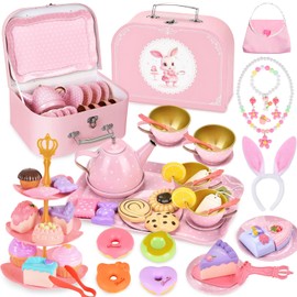 56Pcs Teeservice Kinder mit Dessert Rollenspiele, Teeparty Spielküche Rollenspiele für 3-8 Jahre Alte Kreative Geburtstagsgeschenke mit Hasenohren-Kopfschmuck, fünfteiliger Halskette, Handtasche, Rosa
