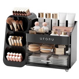 UFORU Makeup Organizer for Vanity with Brush Holder, Countertop Skincare Organizer with 2 Drawers, Spacious Cosmetic Display Case for Perfumes, Cologne, Shaving Lotion