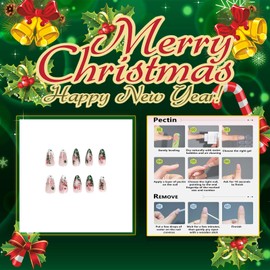 Rchovsam Merry Christmas Press on Nails Medium Almond Nails Press Ons Xmas Snowflake Cane Designs Fake Nails Full Cover Artificial Acrylic False Nails 24pcs - Green White French