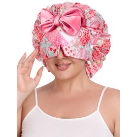 Vettres Double Layer Satin Bonnet for Sleeping with Detachable Eye Mask Adjustable Night Cap for Curly, Natural, Braided Hair Reduces Frizz & Locks in Moisture Pink Strawberry