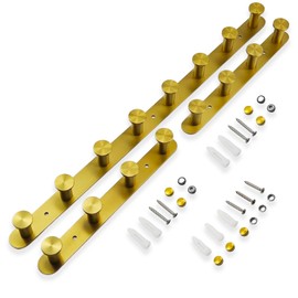 MACAJM Brushed Gold Wall Mounted Coat Rack, Stainless Steel (304) Heavy Duty Coat Hooks, Space Saving Entryway & Bathroom Organizer for Coats, Towels, Hats-3 Pack Set (2X 4-Hook & 1x 8-Hook Racks)