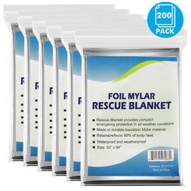 NOVAMEDIC Emergency Mylar Foil Thermal Blankets - Pack of 200, 84"x52", Individually Wrapped, Waterproof Survival Blanket for Camping, Outdoors, First Aid Kit & Travel, Lightweight & Compact, Silver