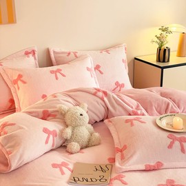 Mengersi Velvet Duvet Cover Set,Bow Pattern Comforter Cover Fluffy Bedding Sets with Zipper Closure (No Comforter) (Pink, Twin)