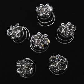 Silver Rhinestone Clear Butterfly On Twist Spiral Bridal Hair Pin - Set Of 6