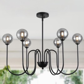 MPDITO 6-Lights Glass Black Modern Chandelier Sputnik Ceiling Light Fixture Bubble Chandeliers for Living Room, Kitchen Island, Bathroom, Entryway, Bedroom, G9