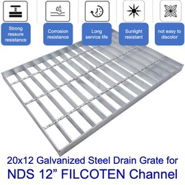 MOSINSBO Galvanized Steel Drain Grate 20x12 for NDS 12” FILCOTEN Channel, Outdoor Drain Cover, B Class Replacement Sewer Grate Durable Heavy Duty, Sliver Rectangle Drainage Grate for Driveway, Yard