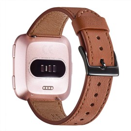 WFEAGL For Versa Band, Top Grain Leather Band Replacement Strap for Versa/Versa 2 /Versa Lite/Versa SE Fitness Smart Watch (Brown Band+Black Buckle)
