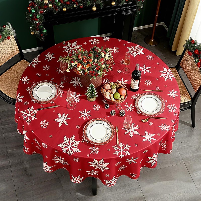 Round Christmas Tablecloth Winter Table Cloth with Snowflake Decorations, Heavy