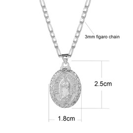 kelistom 14K Gold Plated Guadalupe Virgin Mary Pendant Necklace for Women Men 3mm Flat Figaro Chain Necklace 18/22 inch (white, chain length:18")