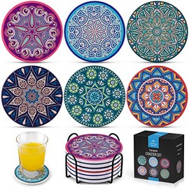 Zulay Kitchen Set Of 6 Mandala Coasters For Drinks Absorbent Ceramic Stone - Drink Coasters For Coffee Table & Countertop - Coaster Set With Holder & Cork Base For Home Decor, House Warming & More