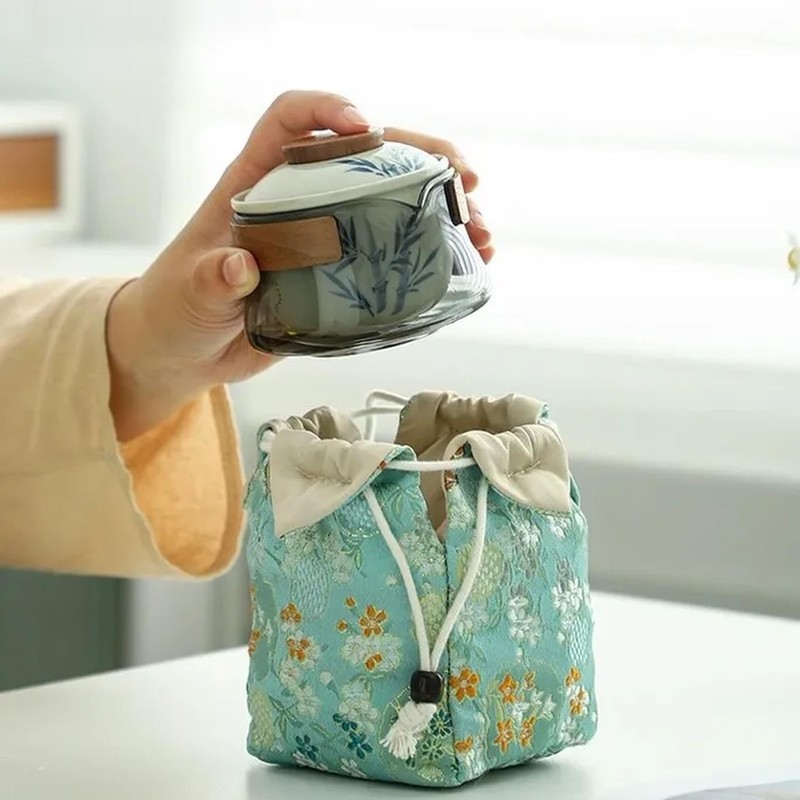 Floral-Themed Portable Tea Set, 1 Ceramic Teapot and 3 Mini