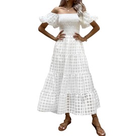 PRETTYGARDEN Women's Casual Summer Dress Puffy Short Sleeve Square Neck Smocked Tiered A Line Maxi Long Dresses (Plaid Beige White,Medium)