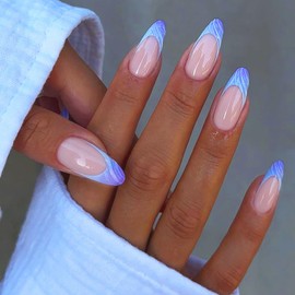 EYZOTSF Press on Almond Nails Medium Length Glossy Full Cover Acrylic French Almond Shaped False Nails with Designs Artificial Fake Nail with Charms Glue Stick ons Fingernails for Women Girls(XM9832)