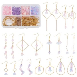 PLIGREAT DIY 10 Pairs Pompom Flower Earring Making Kit Beautiful Flower Earrings Pompom Flower Charms Fairy Theme Earring Pink Beads for DIY Jewellery Making Kit Women Adults Craft Supplies