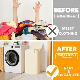 SpaceAid Laundry Hamper with Lid, 110L Large Tall Clothes Basket Bin with Bamboo Handles, Collapsible Laundry Hamper for Bedroom, Bathroom, Dorm, Laundry Room - Beige