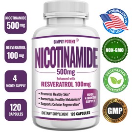 simply potent Nicotinamide 500mg w/ 100mg Resveratrol, Vitamin B3 Anti-Aging Support | 120 Cap