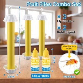 Qualirey 3 Pack Fly Trap Sticks for Indoors & Outdoor, Comes with 2 Pack Fruit Fly Trap Refill Liquid (0.68oz / Bottle), Non Toxic Hanging Sticky Flies Catcher Stick for Gnats Wasp Bugs Flying Insects