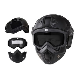 Tactical Airsoft Helmet and Full Face Mask with Removable Goggles with NVG Mount Front and Side Rail PJ FAST Helmet
